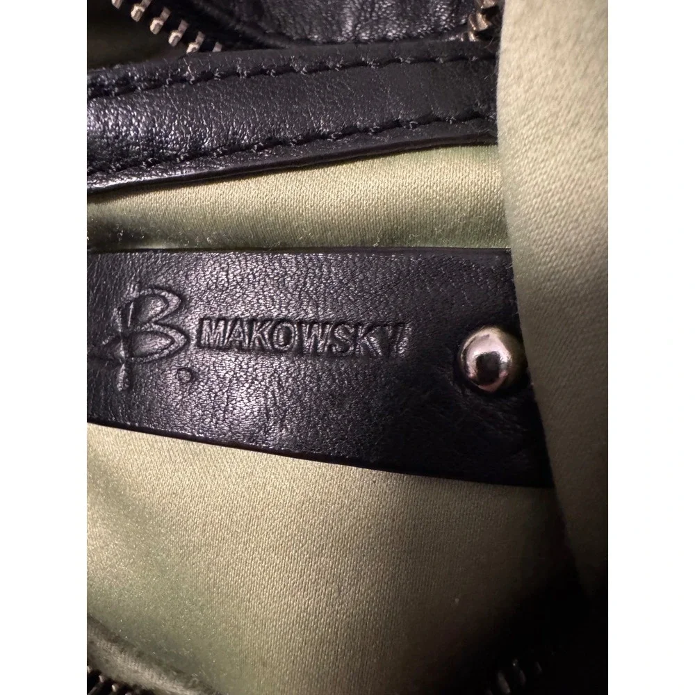 B. Makowsky Y2K Black Leather Hobo Bag Brown Whipstitch Silver‎ Ring Hardware